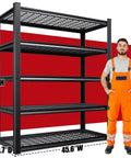 Set Of 3 Heavy Duty Garage Shelves With 2500 Lbs Total Load, 5 Tier Adjustable Steel Shelving Unit, dimensions and person for scale