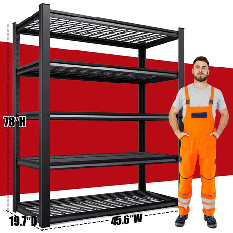 Set Of 3 Heavy Duty Garage Shelves With 2500 Lbs Total Load, 5 Tier Adjustable Steel Shelving Unit, dimensions and person for scale