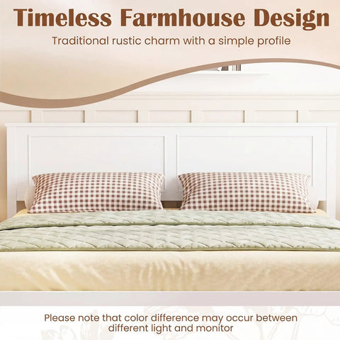 Full Size Wood Bed Frame With Headboard, Mid Century Modern Platform Bed Delivering Chill Vibes, white headboard with checkered pillows.