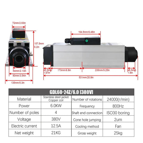 Pro Gear 6KW Air Cooled CNC Spindle Motor With Automatic Tool Change ISO30 Taper 24000RPM smooth running dimensions and specifications.