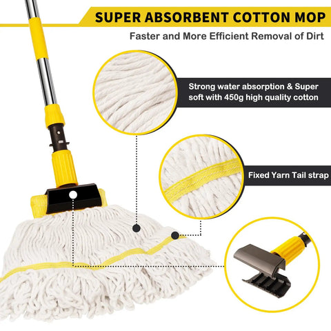 Heavy Duty Commercial Mop With 54 Inch Handle And 53 Inch Stainless Steel Mop Handle Wet Cotton Mop Head For Home Workshop Garage Floors Industrial Grade Beast Wet Mop Yellow showcasing absorbent cotton head and yarn tail strap