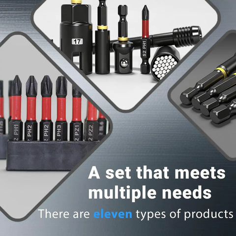 All-In-One Magnetic Impact Nut Driver Kit, 80-Piece Set With SAE And Metric Nut Drivers, Socket Adapters depicted in sections.