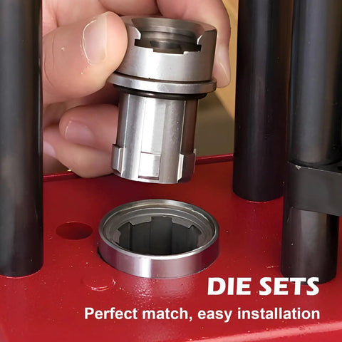 Hand holding die bushing for Lock N Load and conversion kit compatible with Hornady presses showing positive locking action