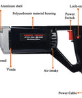 Close-up of Handheld Power Concrete Vibrator 950W 13000 RPM With Two And A Half Meter Shaft featuring lock-on button and ergonomic handle.