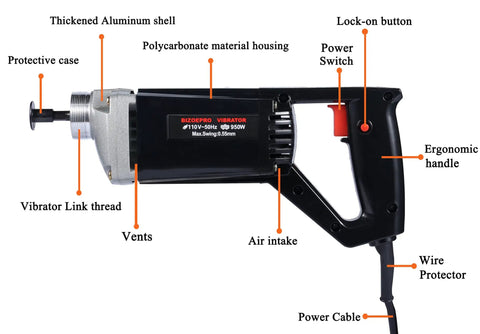 Close-up of Handheld Power Concrete Vibrator 950W 13000 RPM With Two And A Half Meter Shaft featuring lock-on button and ergonomic handle.