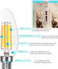 Diagram of 100W Equivalent LED Candelabra Bulbs With 800 Lumens Soft White 3000K, showing features like filament style and glass lens