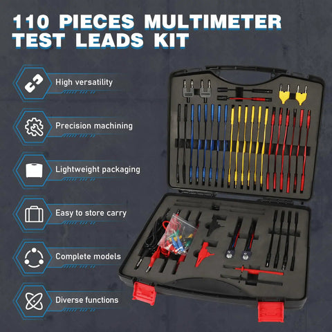 110 Piece Automotive Test Lead Kit With Back Probes, Piercing Clips, Alligator Clips, LED Probes, 72 Terminal Adapters