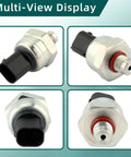 Brake fluid pressure sensor with metal hex body, threaded end and black electrical connector.