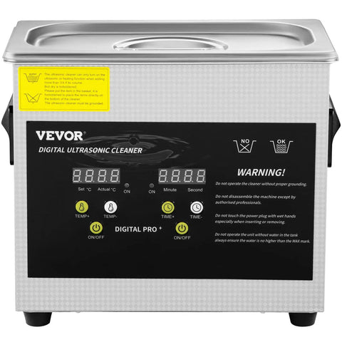 Pro Grade Heavy Duty 3 Liter Digital Ultrasonic Cleaning Bath With Adjustable Heater And Auto Timer display showing controls and settings.