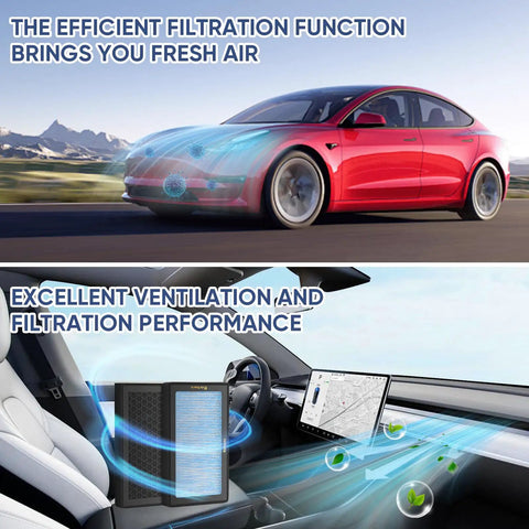 Tesla Model 3 And Model Y Cabin Air Filter Kit 2 Pack H13 HEPA with activated carbon installed, demonstrating airflow in EV interior.