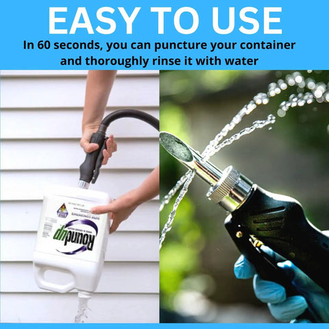 Triple Rinse Spray Nozzle for Chemical Containers, EPA Compliant, 99 Percent Residue Removal in use with jug