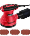 Heavy Duty Five Inch Random Orbital Sander Featuring Six Variable Speeds And A Badass 360 Watt Motor For Killer Wood Finishes, red design, dust bag attached.