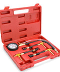 Front view of BETOOLL fuel pressure test kit 0-100 PSI in red plastic case with gauge and brass fittings