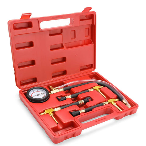 Front view of BETOOLL fuel pressure test kit 0-100 PSI in red plastic case with gauge and brass fittings