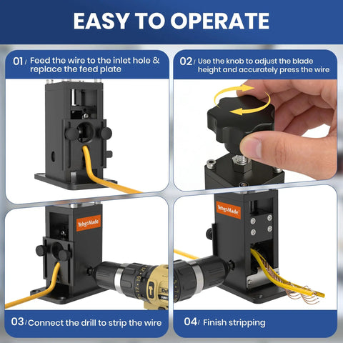 Four-step process showing Drill Powered Copper Wire Stripping Tool for 16AWG to 300MCM copper wire operation.
