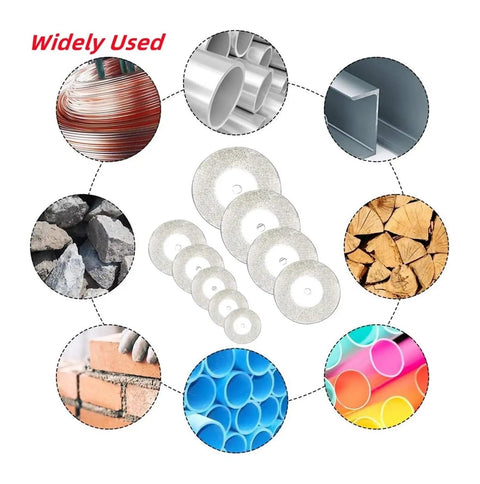 Professional Cutting Disc Set For Circular Saw Blades And Abrasive Grinding Wheels Plus Mandrel Power Tool Accessory Kit shown with various materials.