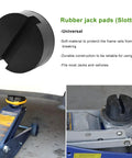 Two Pack Rubber Jack Pads For Floor Jack Stands, Heavy Duty Slotted Frame Rail Protectors, shown on car lift in garage.