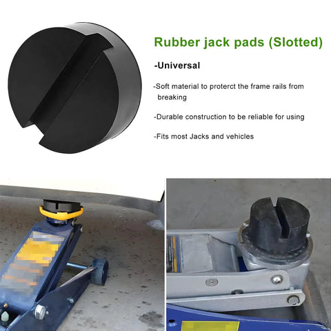 Two Pack Rubber Jack Pads For Floor Jack Stands, Heavy Duty Slotted Frame Rail Protectors, shown on car lift in garage.