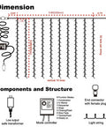 Diagram showing dimensions and components of 300 LED Curtain String Lights With Remote Control, Warm White Indoor Outdoor Decor