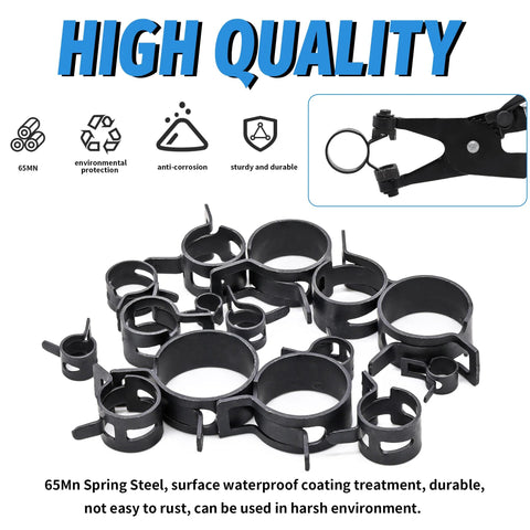 PEROMI 130-piece hose clamp set, 6–25 mm, steel clamps with plier, black group shot