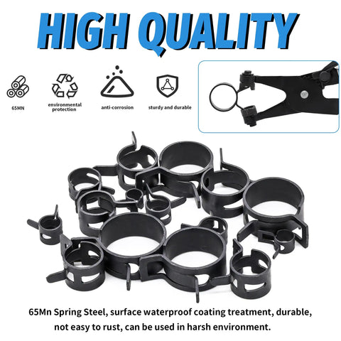100Pcs Spring Band Hose Clamp Kit 6 to 25mm With Swivel Flat Clamp Pliers, showcasing steel clamps and pliers details.