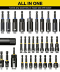 Game Changer 80 Piece Magnetic Nut Driver And Impact Socket Set Made From Tough S2 Chrome Vanadium Steel Includes Metric And SAE Sizes, displaying various sizes.
