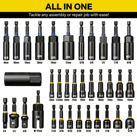 Game Changer 80 Piece Magnetic Nut Driver And Impact Socket Set Made From Tough S2 Chrome Vanadium Steel Includes Metric And SAE Sizes, displaying various sizes.