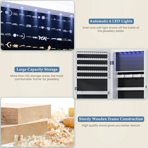 Interior view of 6 LED Lighted Mirror Jewelry Cabinet With Wall Or Door Mount, showcasing LED lighting and spacious storage compartments.