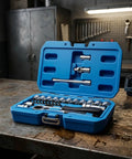 Heavy Duty 29 Piece Metric Socket And Ratchet Set With Through Hole Design And 72 Tooth Quick Reverse Ratchet in blue case.