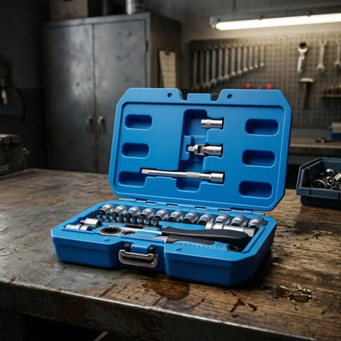 Heavy Duty 29 Piece Metric Socket And Ratchet Set With Through Hole Design And 72 Tooth Quick Reverse Ratchet in blue case.