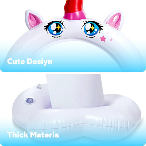 Close-up of Inflatable Unicorn Arch Sprinkler For Kids Rainbow Water Curtain Toy top with cartoon eyes and thick PVC base.