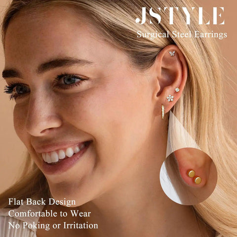 Hypoallergenic 14K Gold Plated Stud Hoop Earrings For Women Surgical Stainless Steel Flat Back Small Stack Hoops Cartilage Earring Set For Multiple Piercing Jewelry Gifts on woman’s ear, flat-back gold studs and hoop