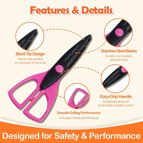 12 Pack Decorative Edge Craft Scissors With 12 Kid Approved Patterns For Kids Age 4 Plus Bright Handle Colors Make It Easy To Pick A Pattern, Creating Zigzag Scallop Wave Crinkle Borders For Cards Journals Scrapbooks And DIY Projects. pink and black kid scissors with blunt tip and stainless steel blades