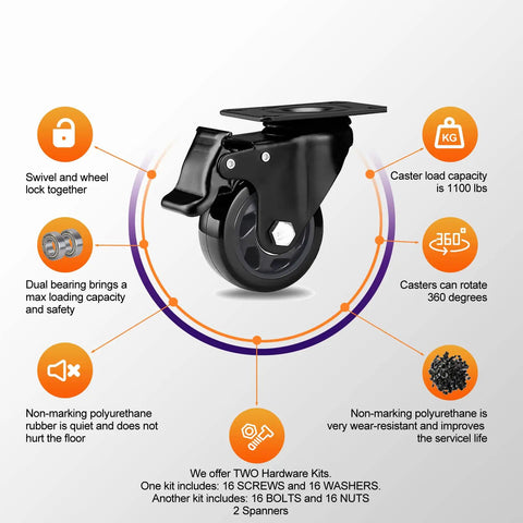 Heavy Duty 3 Inch Caster Wheels Set Of 4 With Swivel Brakes Handles 1100 Pounds side view showing dual bearings and lock mechanism.