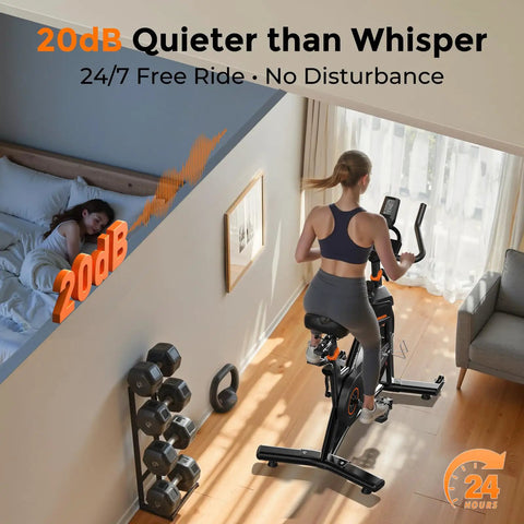 Magnetic Indoor Exercise Bike With Exclusive App in home, woman cycling next to bed, ultra quiet operation, 400 lb capacity