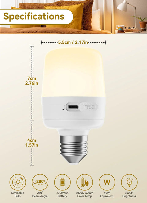 Go-To Rechargeable E26 LED Light Bulbs With Remote And Timer, dimensions, battery features, bulb close-up