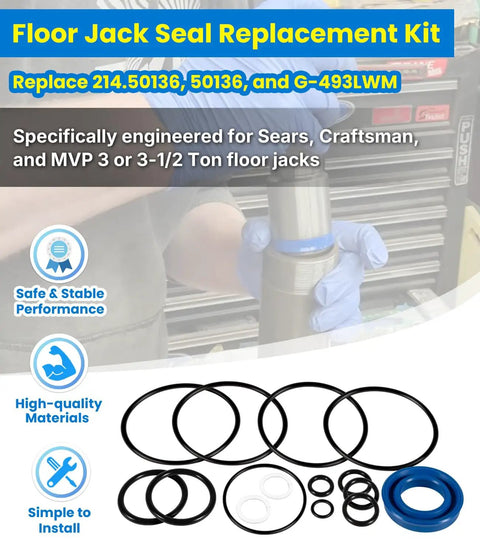 Floor Jack Seal Replacement Kit with O Ring Seals for 3 to 3.5 ton jacks from Sears Craftsman and MVP displayed with tools
