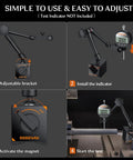 Magnetic Base Dial Indicator Holder With 176 Lbs Pull, 3 adjustable joints demonstration steps on machine tool setup