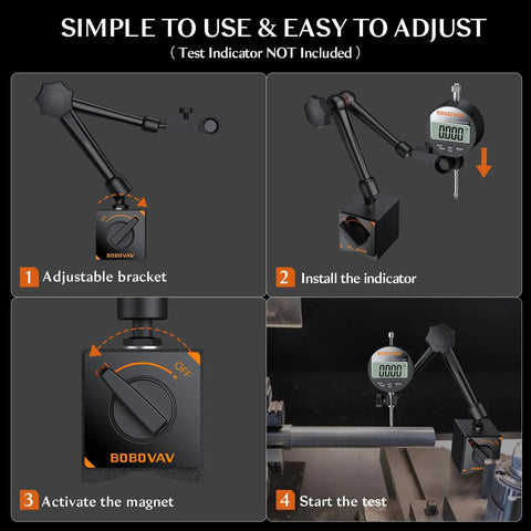 Magnetic Base Dial Indicator Holder With 176 Lbs Pull, 3 adjustable joints demonstration steps on machine tool setup