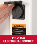 115V 15A electrical socket with warning label showing 10 watts maximum and hand lifting protective cover.