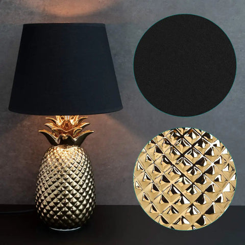Gold Pineapple Table Lamp With Ceramic Base, Modern Tropical Decor Light For Bedroom Or Living Room, black shade, texture detail