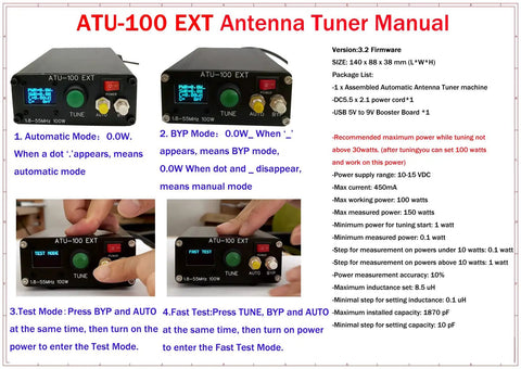 ATU 100 EXT Automatic Antenna Tuner manual showing front panel with OLED display and controls, version 3.2 firmware details.