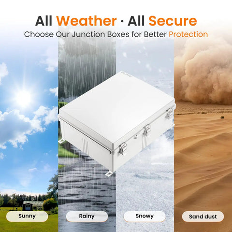Waterproof Junction Box IP67 Outdoor Plastic Electrical Enclosure with weather protection for sunny, rainy, snowy, sand dust.