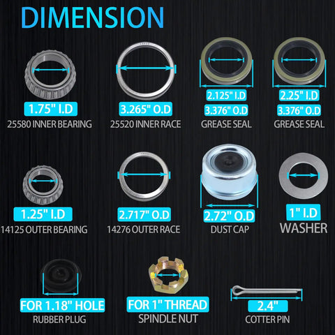 Dimensions of 4-Set 7000 Lb Boat Trailer Axle Bearing Kit For 1.25 To 1.75 Inch Tandem Axles On D42 Spindle With 25580 And 14125A Bearings