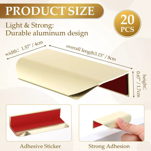 No Drill Cabinet Finger Pulls 3.15 Inch Self Adhesive Edge Pulls 20 Pack Peel And Stick Drawer Handles Gold Finish with dimensions