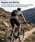 Cyclist riding a mountain bike with a triangle bag on frame, showcasing the Bike Tire Repair Kit For Flat Tires With Portable Pump 120 PSI.
