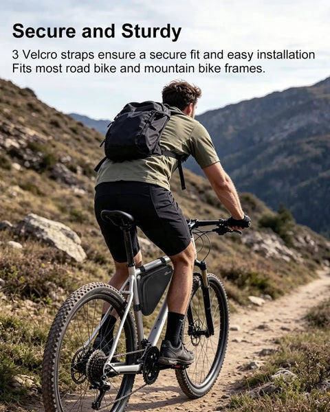 Cyclist riding a mountain bike with a triangle bag on frame, showcasing the Bike Tire Repair Kit For Flat Tires With Portable Pump 120 PSI.