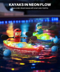 Dual RC Kayaks For Kids 6-12 With Magnetic Dolphin Nose And Three Balls in pool under LED lights with two figures paddling
