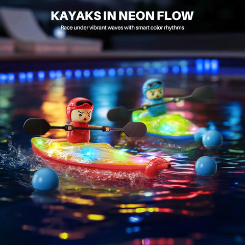 Dual RC Kayaks For Kids 6-12 With Magnetic Dolphin Nose And Three Balls in pool under LED lights with two figures paddling