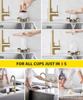 Demonstration of Glass Rinser For Sink, SUS 304 Stainless Steel Cup Washer, Kitchen Sink Accessory in use with various cups and bottles